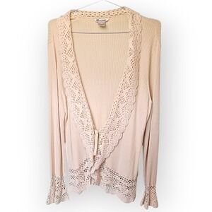 Nygard Ivory Cardigan Crochet Bell Sleeve Creme Ribbed Knit Sweater Vintage Sz L